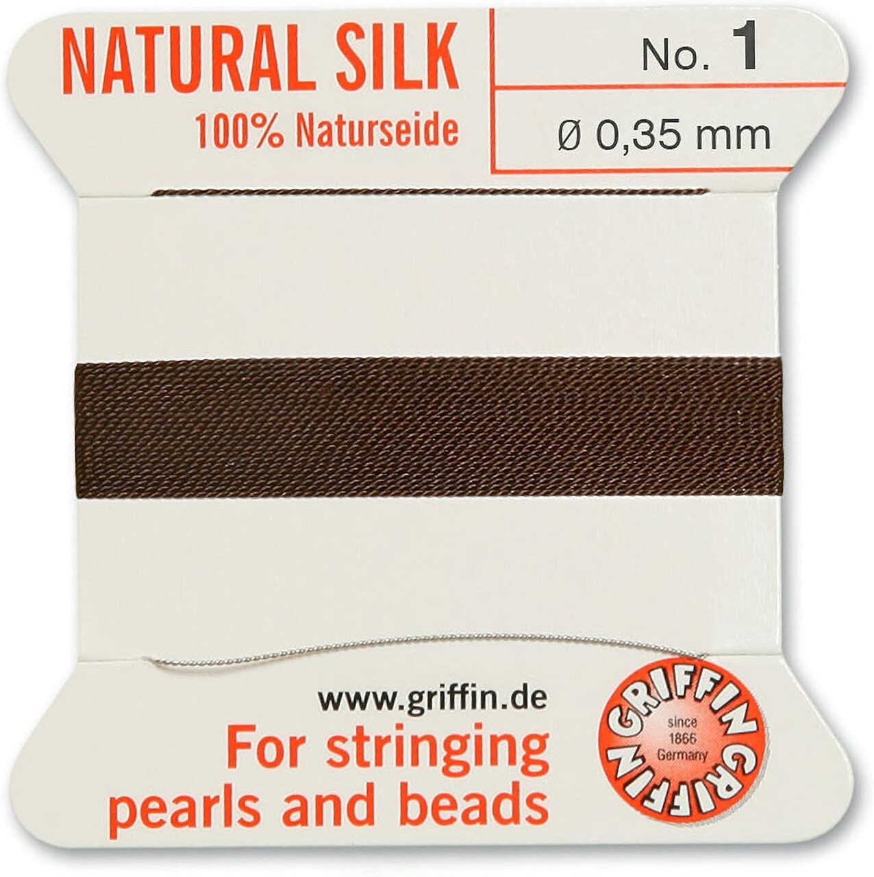 Griffin Silk Bead Cord Perlseide – Size 1 (0.35mm) – 2 Meters per Card – Stainless Steel Needle Attached – for Knotting Pearls, Gemstones, Crystals and Beads